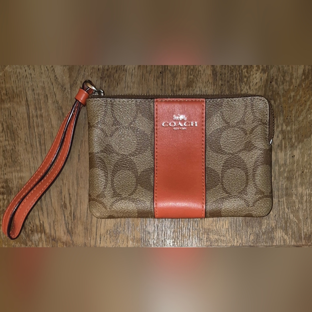 Coach Signature Brown and Orange Wristlet